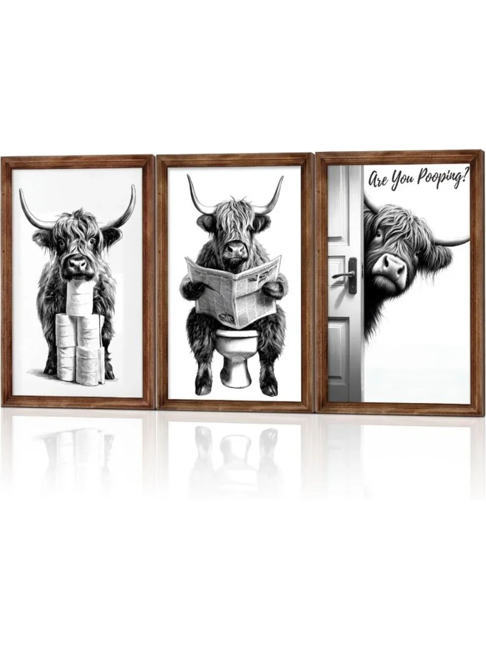 Funny Bathroom Wall Art Set - Highland Cow Decor, Rustic Farmhouse Signs, 3 Pcs